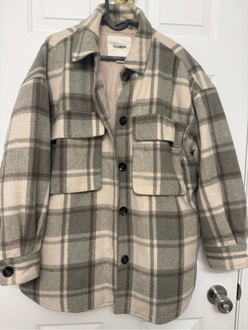 Pull&Bear Plaid Button-Up Shacket in Cream and Olive Green